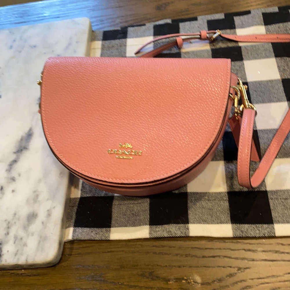 Coach Coral Pink Pebbled Leather Crossbody Saddle Bag with Gold Hardware